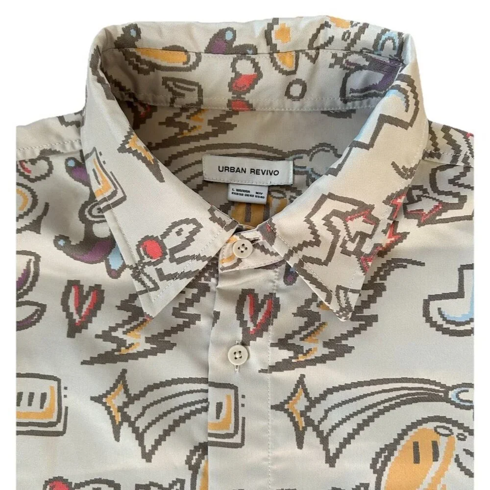 Urban Revivo Graphic Short Sleeve Button Down Shirt Men's 3XL Video Game Pixel